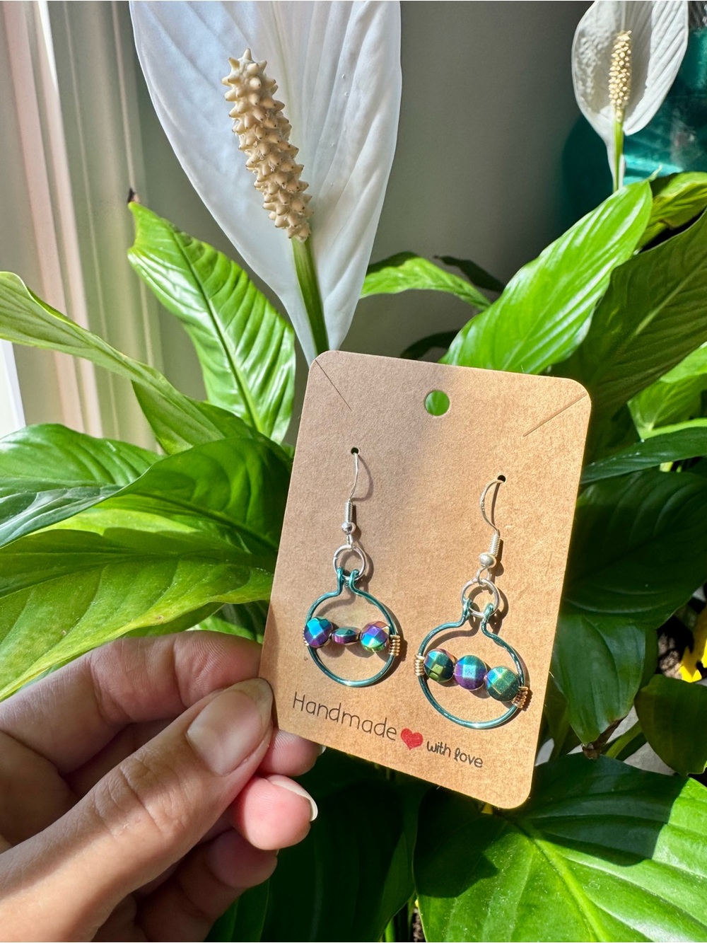 ✨RAINBOW HEMATITE | Teal Hoop Earrings